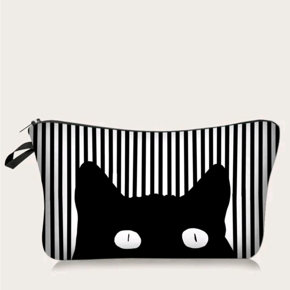 Black Cat Stripe Cosmetic Pouch - Women Bags